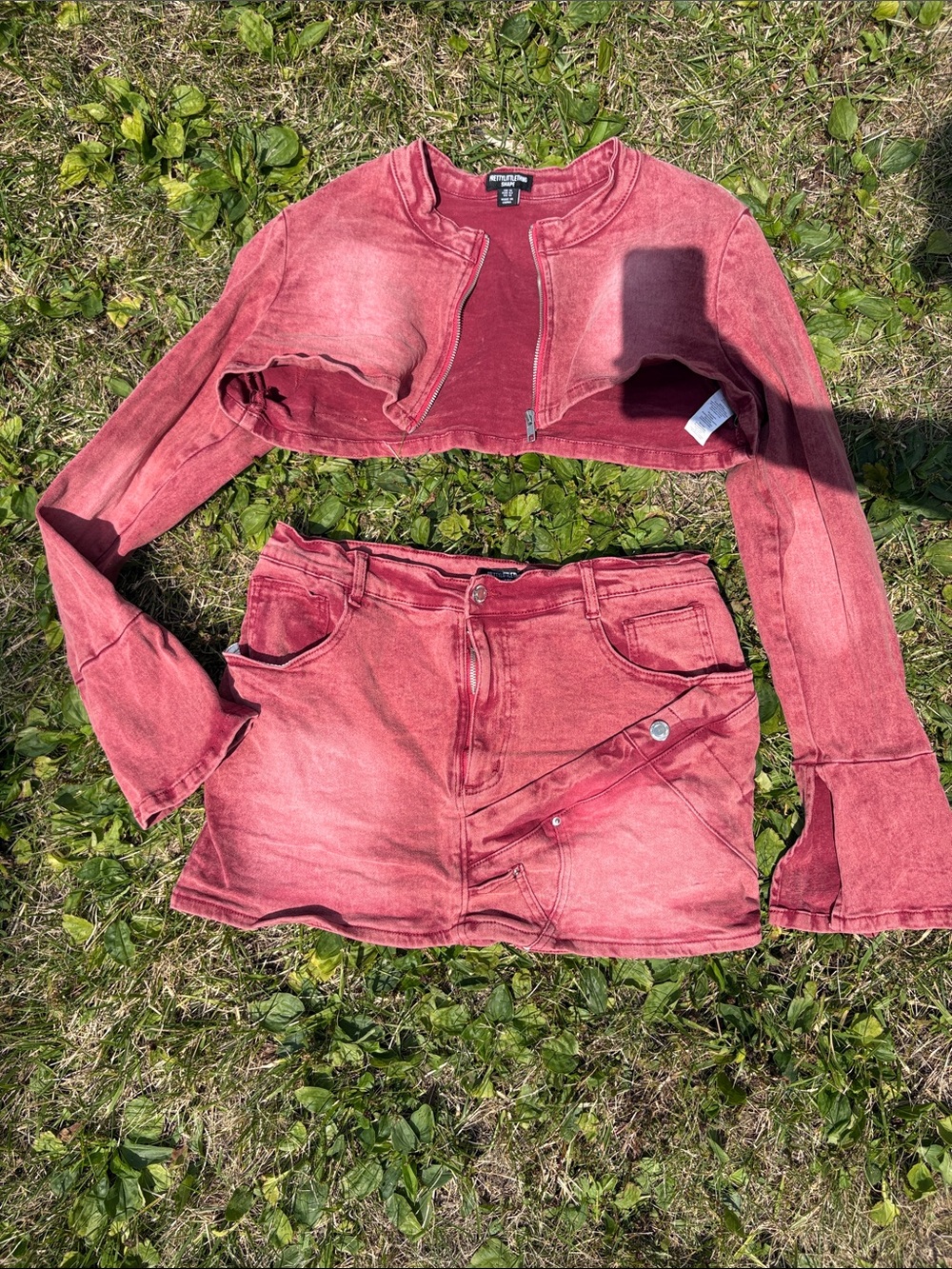 PrettyLittleThing Red Washed Denim Crop Jacket and Skirt Set